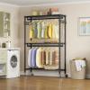 imageVIPEK R2 Plus Heavy Duty Rolling Garment Rack 3 Tiers Adjustable Wire Shelving Clothes Rack with Double Rods and Side Hooks Freestanding Wardrobe Storage Rack Metal Clothing Rack BlackBlack