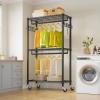 imageVIPEK R2 Plus Heavy Duty Rolling Garment Rack 3 Tiers Adjustable Wire Shelving Clothes Rack with Double Rods and Side Hooks Freestanding Wardrobe Storage Rack Metal Clothing Rack BlackBlack