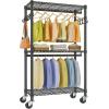 imageVIPEK R2 Plus Heavy Duty Rolling Garment Rack 3 Tiers Adjustable Wire Shelving Clothes Rack with Double Rods and Side Hooks Freestanding Wardrobe Storage Rack Metal Clothing Rack BlackBlack