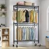 imageVIPEK R2 Plus Heavy Duty Rolling Garment Rack 3 Tiers Adjustable Wire Shelving Clothes Rack with Double Rods and Side Hooks Freestanding Wardrobe Storage Rack Metal Clothing Rack BlackBlack