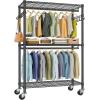 imageVIPEK R2 Plus Heavy Duty Rolling Garment Rack 3 Tiers Adjustable Wire Shelving Clothes Rack with Double Rods and Side Hooks Freestanding Wardrobe Storage Rack Metal Clothing Rack BlackBlack