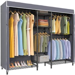 imageVIPEK Classic V6C Heavy Duty Covered Clothes Rack Portable Wardrobe Closet 5 Tiers Wire Garment Rack Black Metal Clothing Rack with Grey Oxford Cover 756quot L x 185quot W x 764quot H Max Load 870 LBSBlack Rack with Grey Cover