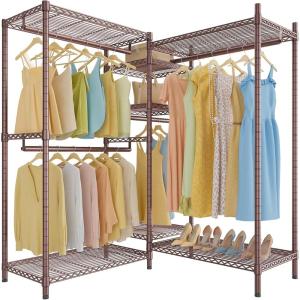 imageVIPEK L6 Garment Rack L Shaped Clothes Rack Heavy Duty Clothing Rack Metal Freestanding Closet with 7 Adjustable Shelves ampamp 4 Hanging Rods 433quotL x 433quotW x 764quotH Max Load 750LBS Medium Size BlackBronze