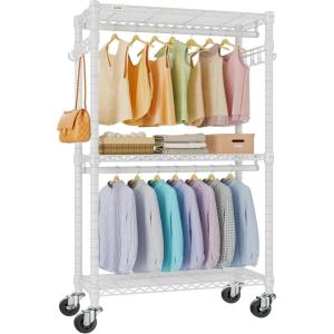 imageVIPEK R2 Plus Heavy Duty Rolling Garment Rack 3 Tiers Adjustable Wire Shelving Clothes Rack with Double Rods and Side Hooks Freestanding Wardrobe Storage Rack Metal Clothing Rack BlackWhite