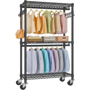 imageVIPEK R2 Plus Heavy Duty Rolling Garment Rack 3 Tiers Adjustable Wire Shelving Clothes Rack with Double Rods and Side Hooks Freestanding Wardrobe Storage Rack Metal Clothing Rack BlackBlack