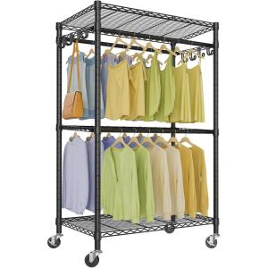 imageVIPEK R2 Pro Rolling Garment Rack Heavy Duty Clothes Rack with Locking Wheels Adjustable Shelves 2Sided Hanging Rods Metal Closet Freestanding Clothing Racks Max load 600lbs WhiteBlack