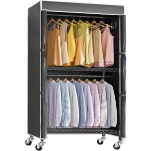imageVIPEK R2C Plus Heavy Duty Rolling Garment Rack with Cover Clothing Racks for Hanging Clothes Portable Closets with Adjustable 3 Wire Shelves Double Rods Black Rack with Grey Upgarded Polyester CoverBlack Rack with Black Cover