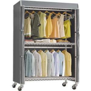 imageVIPEK R2C Plus Heavy Duty Rolling Garment Rack with Cover Clothing Racks for Hanging Clothes Portable Closets with Adjustable 3 Wire Shelves Double Rods Black Rack with Grey Upgarded Polyester CoverWhite Rack with Grey Cover