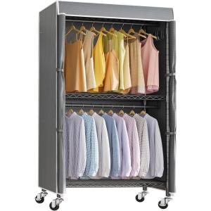 imageVIPEK R2C Plus Heavy Duty Rolling Garment Rack with Cover Clothing Racks for Hanging Clothes Portable Closets with Adjustable 3 Wire Shelves Double Rods Black Rack with Grey Upgarded Polyester CoverBlack Rack with Grey Cover