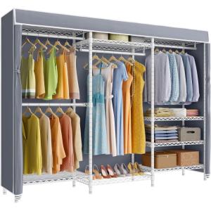 imageVIPEK V5C Heavy Duty Covered Clothes Rack Portable Bedroom Armoires Rack Black Metal Clothing Rack with Black Cover Adjustable Custom Freestanding Closet Wardrobe Max Load 800LBSWhite Rack With Grey Cover