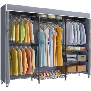 imageVIPEK V5C Heavy Duty Covered Clothes Rack Portable Bedroom Armoires Rack Black Metal Clothing Rack with Black Cover Adjustable Custom Freestanding Closet Wardrobe Max Load 800LBSBlack Rack With Grey Cover