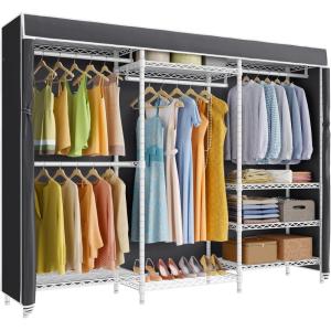 imageVIPEK V5C Heavy Duty Covered Clothes Rack Portable Bedroom Armoires Rack Black Metal Clothing Rack with Black Cover Adjustable Custom Freestanding Closet Wardrobe Max Load 800LBSWhite Rack With Black Cover