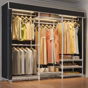 imageVIPEK V5L Garment Rack Heavy Duty Clothes Racks with Dimmable LED Light 3000K Warm White Portable Closet Wardrobe Freestanding Metal Clothing Racks for Hanging Clothes Max Load 890lbs BlackWhite Rack With Black Cover