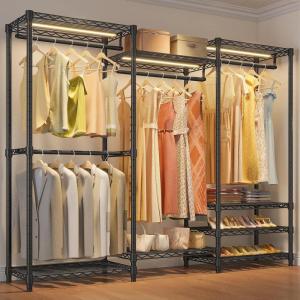 imageVIPEK V5L Garment Rack Heavy Duty Clothes Racks with Dimmable LED Light 3000K Warm White Portable Closet Wardrobe Freestanding Metal Clothing Racks for Hanging Clothes Max Load 890lbs BlackBlack Rack With Warm White Light
