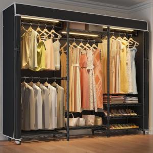 imageVIPEK V5L Garment Rack Heavy Duty Clothes Racks with Dimmable LED Light 3000K Warm White Portable Closet Wardrobe Freestanding Metal Clothing Racks for Hanging Clothes Max Load 890lbs BlackBlack Rack With Black Cover