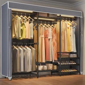 imageVIPEK V5L Garment Rack Heavy Duty Clothes Racks with Dimmable LED Light 3000K Warm White Portable Closet Wardrobe Freestanding Metal Clothing Racks for Hanging Clothes Max Load 890lbs BlackBlack Rack With Grey Cover