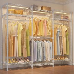imageVIPEK V5L i1 Garment Rack Heavy Duty Clothes Rack with Dimmable LED Lights 3000K Warm White Metal Clothing Racks for Hanging Clothes Large Freestanding Wardrobe Closet for Bedroom BlackWhite Rack with Warm White Light