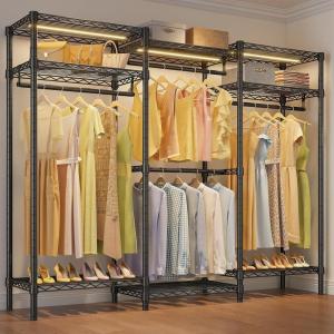 imageVIPEK V5L i1 Garment Rack Heavy Duty Clothes Rack with Dimmable LED Lights 3000K Warm White Metal Clothing Racks for Hanging Clothes Large Freestanding Wardrobe Closet for Bedroom BlackBlack Rack with Warm White Light