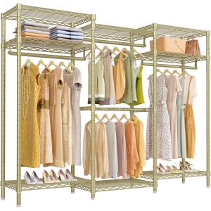 imageVIPEK V5L i1 Garment Rack Heavy Duty Clothes Rack with Dimmable LED Lights 3000K Warm White Metal Clothing Racks for Hanging Clothes Large Freestanding Wardrobe Closet for Bedroom BlackGold