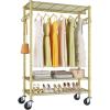 imageVIPEK R3 Plus Rolling Clothes Rack with Locking Wheels Portable Closet for Hanging Clothes Heavy Duty Garment Rack with Adjustable Shelves and Side Hooks Metal Wardrobe for Home Storage BlackGold