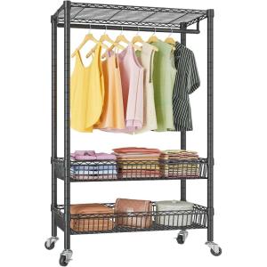 imageVIPEK Heavy Duty Garment Rack With Wheels Adjustable Portable Closet For Hanging Clothes Metal Rolling Clothing Rack With Basket BlackBlack