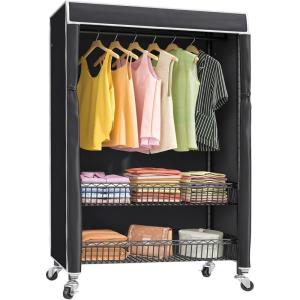 imageVIPEK Heavy Duty Garment Rack With Wheels Adjustable Portable Closet For Hanging Clothes Metal Rolling Clothing Rack With Basket BlackBlack Rack With Black Cover