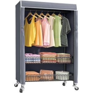 imageVIPEK Heavy Duty Garment Rack With Wheels Adjustable Portable Closet For Hanging Clothes Metal Rolling Clothing Rack With Basket BlackBlack Rack with Gray Cover