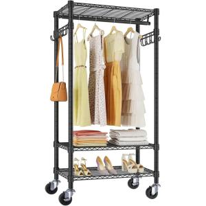 imageVIPEK R3 Plus Rolling Clothes Rack with Locking Wheels Portable Closet for Hanging Clothes Heavy Duty Garment Rack with Adjustable Shelves and Side Hooks Metal Wardrobe for Home Storage BlackBlack