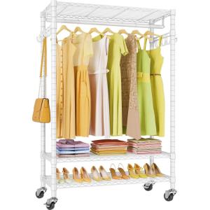 imageVIPEK R3 Plus Rolling Clothes Rack with Locking Wheels Portable Closet for Hanging Clothes Heavy Duty Garment Rack with Adjustable Shelves and Side Hooks Metal Wardrobe for Home Storage BlackWhite