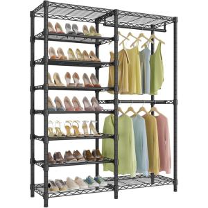 imageVIPEK S2 Heavy Duty Clothes Rack with Shoe Shelves Freestanding Clothing Rack with 6Tier Shoe Rack Double Hanging Rod Adjustable Shelf Walk in Closet Organizer Garment Rack BlackBlack