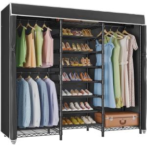 imageVIPEK S3 Heavy Duty Garment Rack Freestanding Clothes Rack Closet Storage Organizer Large Wardrobe with 6Tier Shoe Rack Hanging Rod Adjustable Shelf 689quot L x 157quot W x 764quot H BlackBlack Rack With Black Cover