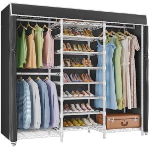 imageVIPEK S3 Heavy Duty Garment Rack Freestanding Clothes Rack Closet Storage Organizer Large Wardrobe with 6Tier Shoe Rack Hanging Rod Adjustable Shelf 689quot L x 157quot W x 764quot H BlackWhite Rack With Black Cover