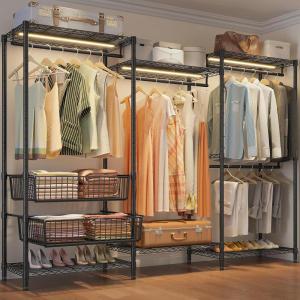 imageVIPEK V10 Clothes Rack with Dimmable LED Lights Black Heavy Duty Clothes Rack for Hanging Clothes with 3000K Warm White Light Freestanding Wardrobe Closet Organizer and Storage