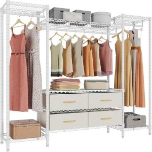 imageVIPEK V20 Wire Garment Rack Heavy Duty Clothes Rack Metal Clothing Rack with 6 Shelves 3 Hang Rods ampamp 4 Fabric Drawers Compact Wardrobe Closet 567quot L x 146quot W x 709quot H BlackWhite