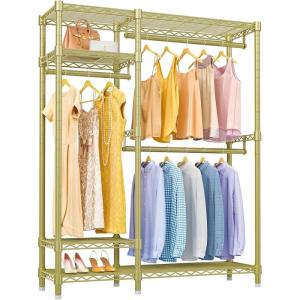 imageVIPEK V2S Heavy Duty Clothes Rack Portable Metal Clothing Racks with 4 Tiers Adjustable Wire Shelving ampamp 3 Hanging Rods Freestanding Wardrobe Portable Closet Rack Max Load 800LBS BlackGold