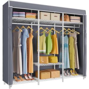 imageVIPEK V30 Heavy Duty Clothes Rack with 7 Adjustable Shelves ampamp 2 Hang Rods Portable Closet Metal Clothing Rack Freestanding Wardrobe Closet for Hanging Clothes Max Load 870lbsWhite Rack With Grey Cover