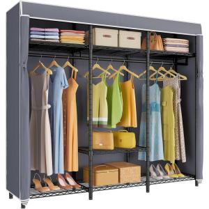imageVIPEK V30 Heavy Duty Clothes Rack with 7 Adjustable Shelves ampamp 2 Hang Rods Portable Closet Metal Clothing Rack Freestanding Wardrobe Closet for Hanging Clothes Max Load 870lbsBlack Rack With Grey Cover