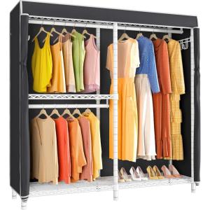 imageVIPEK V4 Heavy Duty Clothing Rack for Hanging Clothes 810lbs Load Capacity Double Rod Garment Rack with Adjustable Shelves ampamp Side Hooks Metal Wardrobe Closet System Easy to Assemble BlackWhite Rack with Black Cover