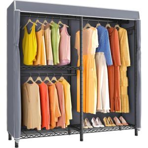 imageVIPEK V4 Heavy Duty Clothing Rack for Hanging Clothes 810lbs Load Capacity Double Rod Garment Rack with Adjustable Shelves ampamp Side Hooks Metal Wardrobe Closet System Easy to Assemble BlackBlack Rack with Grey Cover