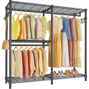 imageVIPEK V4 Heavy Duty Clothing Rack for Hanging Clothes 810lbs Load Capacity Double Rod Garment Rack with Adjustable Shelves ampamp Side Hooks Metal Wardrobe Closet System Easy to Assemble BlackBlack