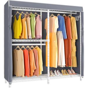 imageVIPEK V4 Heavy Duty Clothing Rack for Hanging Clothes 810lbs Load Capacity Double Rod Garment Rack with Adjustable Shelves ampamp Side Hooks Metal Wardrobe Closet System Easy to Assemble BlackWhite Rack with Grey Cover
