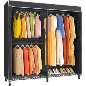 imageVIPEK V4 Heavy Duty Clothing Rack for Hanging Clothes 810lbs Load Capacity Double Rod Garment Rack with Adjustable Shelves ampamp Side Hooks Metal Wardrobe Closet System Easy to Assemble BlackBlack Rack with Black Cover