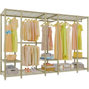 imageVIPEK V50 Extra Large Portable Closet Rack Bedroom Armoire Freestanding Wardrobe Closet Heavy Duty Clothes Rack MultiFunctional Metal Clothing Rack for Hanging Clothes Max Load 1300lbs BlackGold