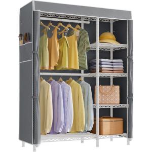 imageVIPEK V7 Garment Rack for Hanging Clothes Heavy Duty Clothes Rack with Shelves Portable Closet Racks Metal Clothing Racks 5 Tiers Freestanding Closet Wardrobe System Max Load 670lbs BlackWhite Rack with Grey Upgraded Cover