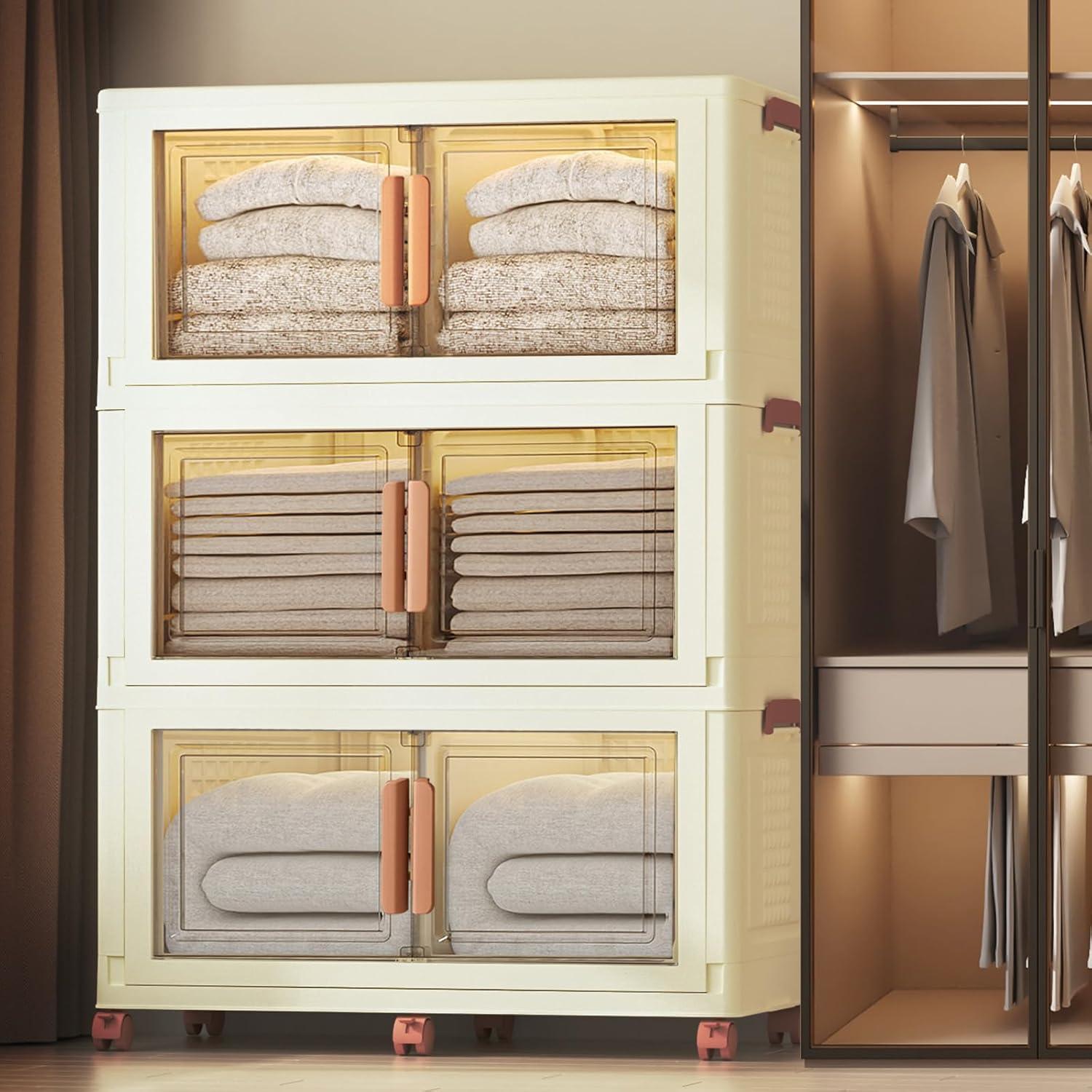 image285Qt70Gal Large Stackable Storage Bins with Lids and Divider 3Pack Collapsible Drawers with Doors Foldable Cabinet with Wheels Plastic Closet Organizers Containers for Home DormWhite160Qt40Gal