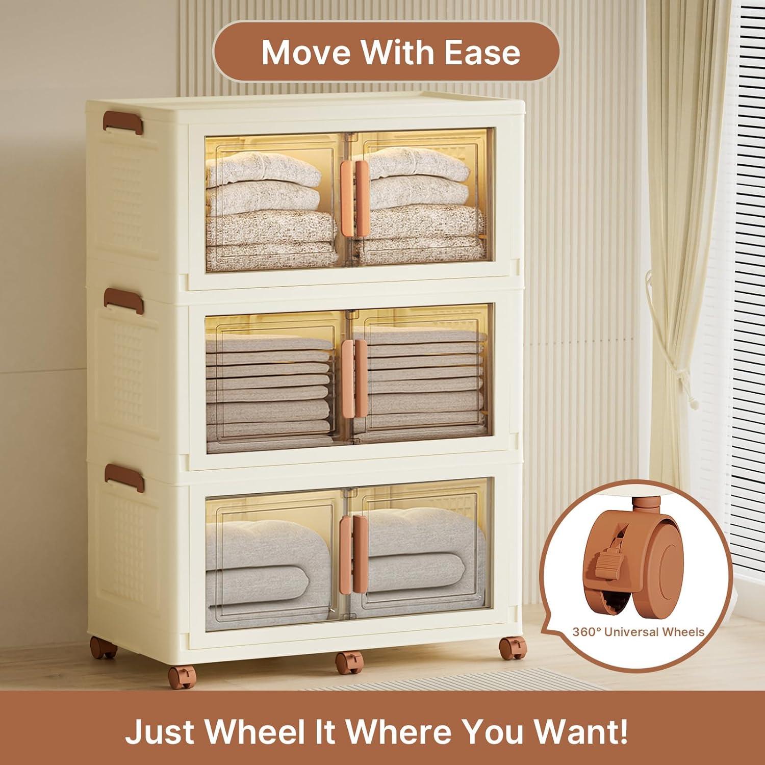 image285Qt70Gal Large Stackable Storage Bins with Lids and Divider 3Pack Collapsible Drawers with Doors Foldable Cabinet with Wheels Plastic Closet Organizers Containers for Home DormWhite160Qt40Gal