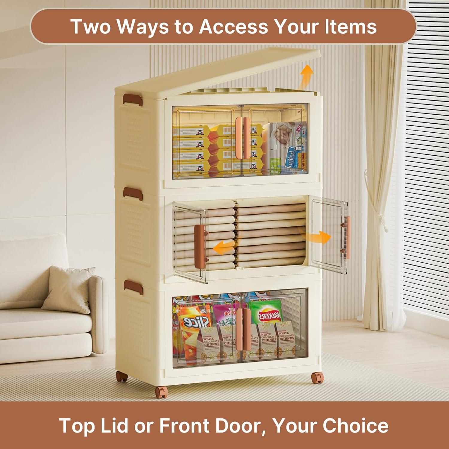 image285Qt70Gal Large Stackable Storage Bins with Lids and Divider 3Pack Collapsible Drawers with Doors Foldable Cabinet with Wheels Plastic Closet Organizers and Containers for Home Dorm