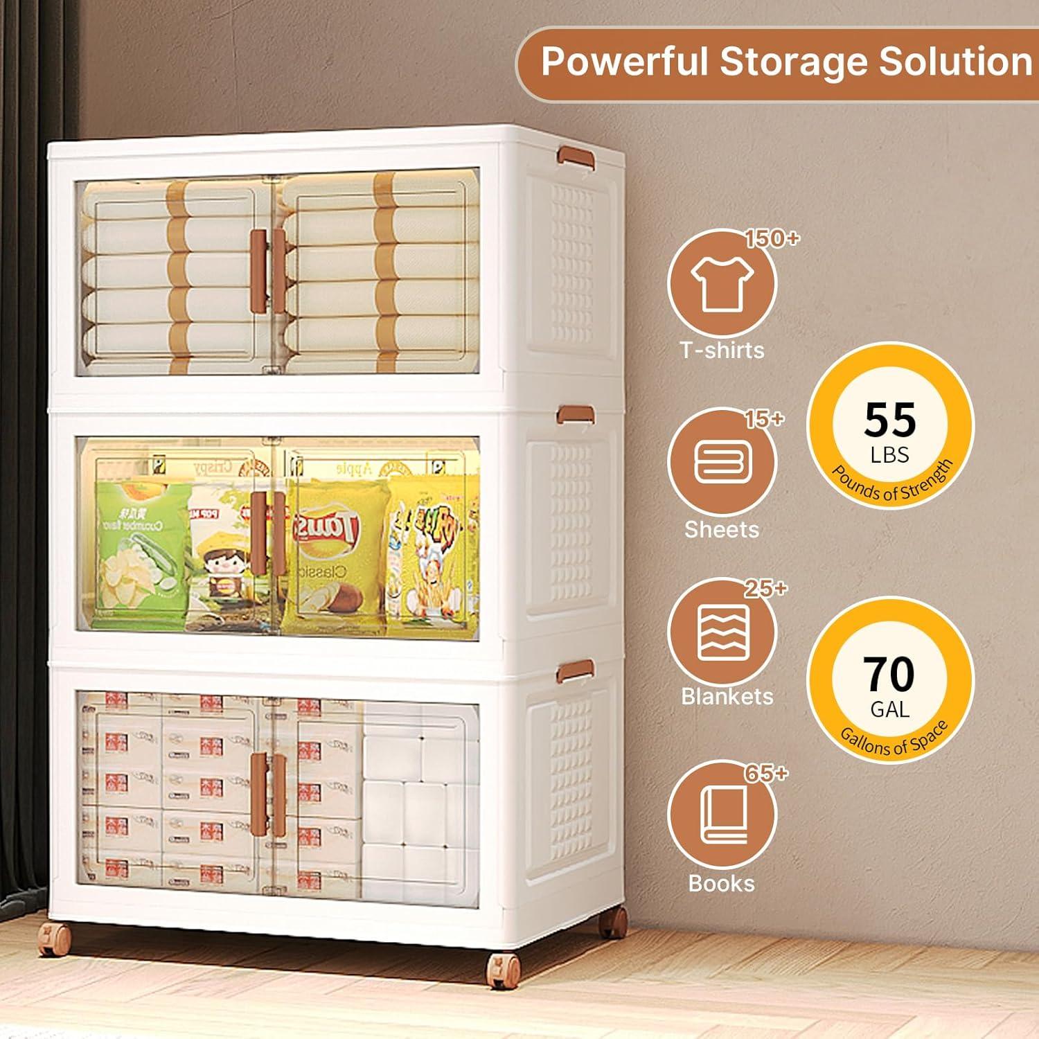 image285Qt70Gal Large Stackable Storage Bins with Lids and Divider 3Pack Collapsible Drawers with Doors Foldable Cabinet with Wheels Plastic Closet Organizers Containers for Home DormWhite95qt23gal