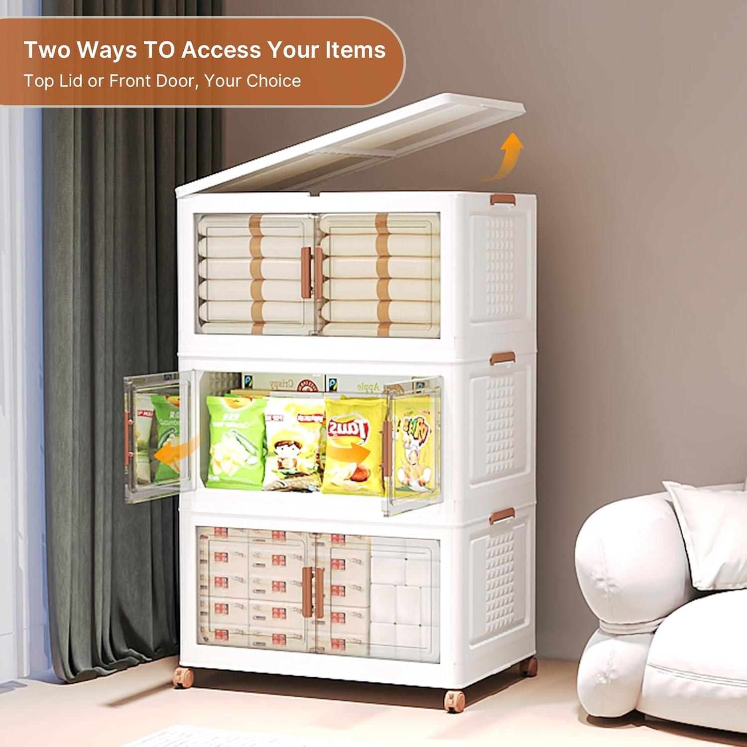 image285Qt70Gal Large Stackable Storage Bins with Lids and Divider 3Pack Collapsible Drawers with Doors Foldable Cabinet with Wheels Plastic Closet Organizers Containers for Home DormWhite95qt23gal