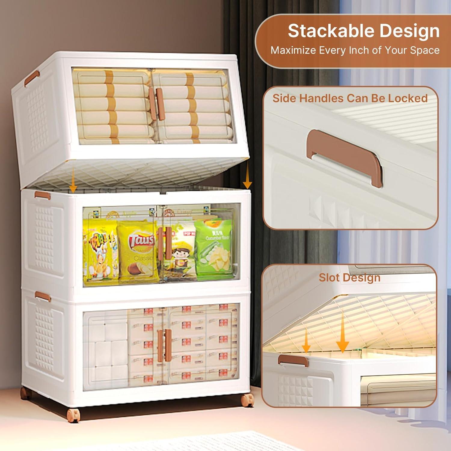 image285Qt70Gal Large Stackable Storage Bins with Lids and Divider 3Pack Collapsible Drawers with Doors Foldable Cabinet with Wheels Plastic Closet Organizers Containers for Home DormWhite95qt23gal